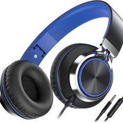 AILIHEN C8 Headphones Wired, On-Ear Headphones with Microphone and Volume Control Foldable Corded Stereo 3.5mm Headset for Smartphones Chromebook Laptop Computer PC Tablets Travel(Black/Blue)