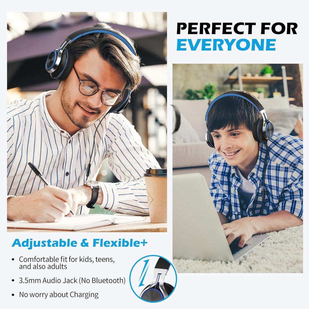 AILIHEN C8 Headphones Wired, On-Ear Headphones with Microphone and Volume Control Foldable Corded Stereo 3.5mm Headset for Smartphones Chromebook Laptop Computer PC Tablets Travel(Black/Blue) - Image 2