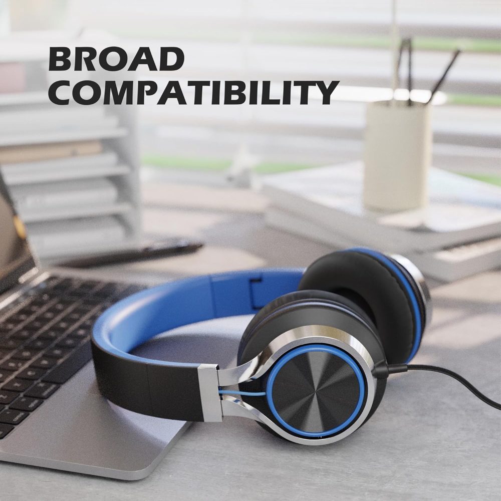 AILIHEN C8 Headphones Wired, On-Ear Headphones with Microphone and Volume Control Foldable Corded Stereo 3.5mm Headset for Smartphones Chromebook Laptop Computer PC Tablets Travel(Black/Blue) - Image 6