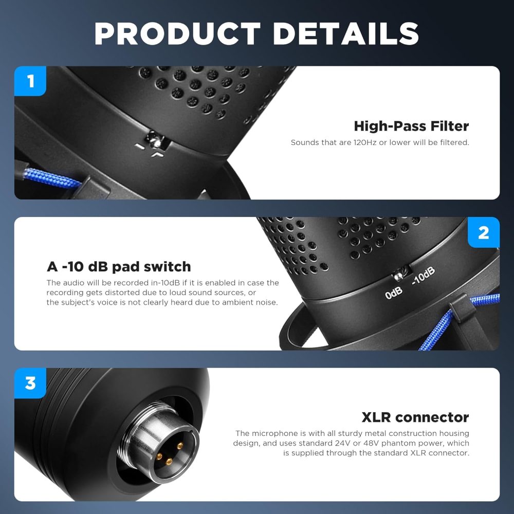 XLR Large Diaphragm Studio Condenser Microphone, 48V Phantom Power Vocal Recording Mic for Singing Podcast, Project Home Audio YouTube Facebook Streaming (BY-M1000 Pro) - Image 4