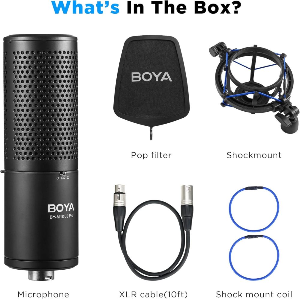 XLR Large Diaphragm Studio Condenser Microphone, 48V Phantom Power Vocal Recording Mic for Singing Podcast, Project Home Audio YouTube Facebook Streaming (BY-M1000 Pro) - Image 6