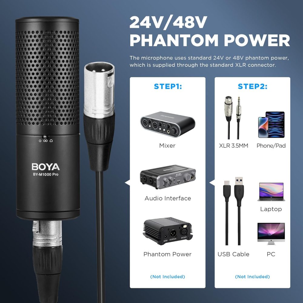 XLR Large Diaphragm Studio Condenser Microphone, 48V Phantom Power Vocal Recording Mic for Singing Podcast, Project Home Audio YouTube Facebook Streaming (BY-M1000 Pro) - Image 7