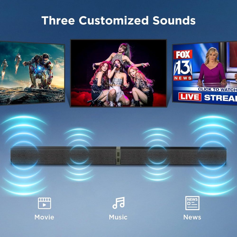 MZEIBO Sound Bar for Smart TV, 80W Bluetooth Soundbar 2 in 1 Detachable Design, Deep Bass, Home Theater Surround Sound, ARC/Optical/AUX Connections for TV/PC/Gaming/Projectors - Image 3