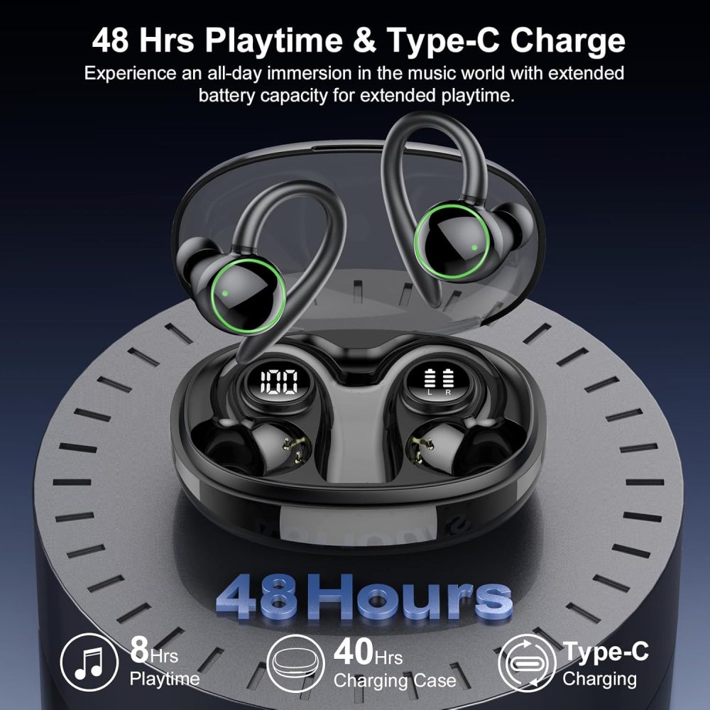 Wireless Earbuds, Bluetooth 5.3 Headphones Sport, Over Ear Buds With ENC Noise Cancelling Mic, 48H, Wireless Earphone With Earhooks, Stereo Deep Bass, IP7 Waterproof Headset for Workout Running, Black - Image 5